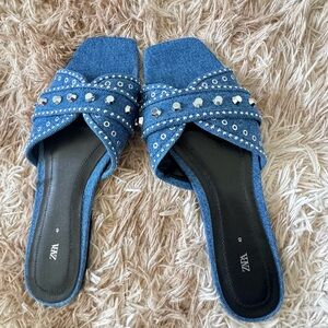 Zara Women’s Studded Denim Mule Sandals Size 40/ US 9